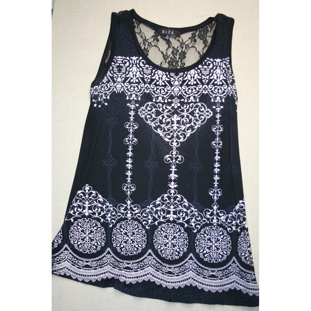 BLEU Womens Black White Filigree Damask Lace Back Tank Top Small M12AV413 USA